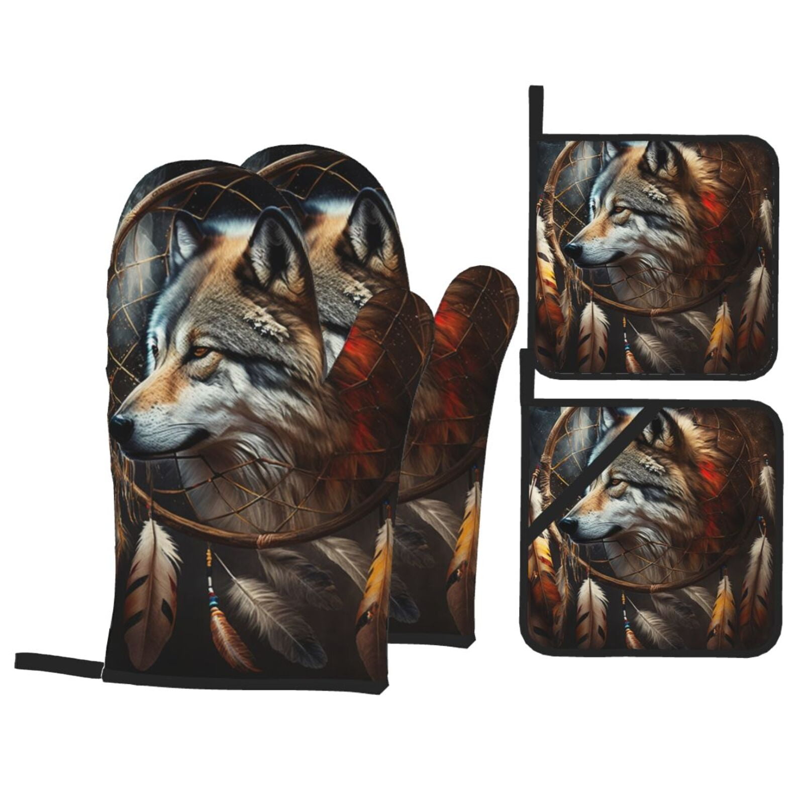 Dream Wolf Feather Art 4Pcs Oven Mitts and Pot Holders Sets Oven Kitchen Gloves Hot Pads for Cooking BBQ Baking Grilling