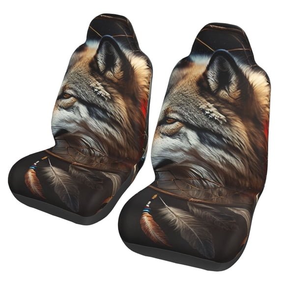 Dream Wolf Feather Art Car Seat Cover 2 Pcs Auto Front Bucket Seats Protector Cushion Universal Vehicle Truck SUV