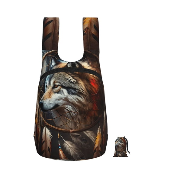 Dream Wolf Feather Art Foldable Storage Backpack Lightweight Packable Travel Daypack for Shopping Commuting Hiking
