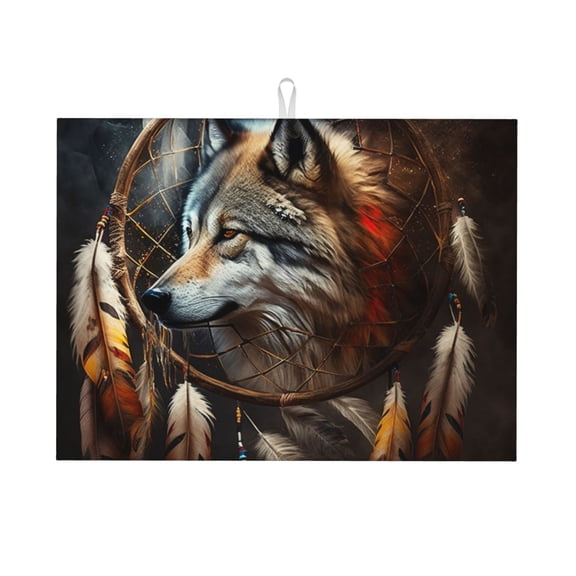 Dream Wolf Feather Art Large Kitchen Drying Mat 18x24 Inch Ultra Absorbent Dish Drying Mats Foldable Countertop Protector