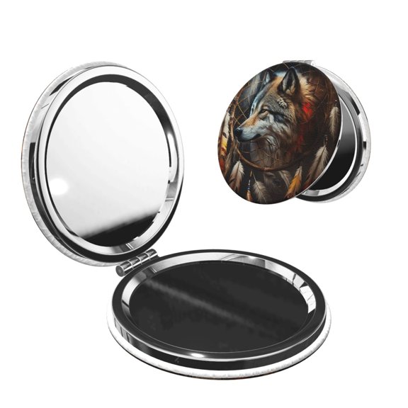 Dream Wolf Feather Art Portable Double-Sided Face Mirror Round Shape, Magnifying Compact Pocket Mirror with PU Leather Cover