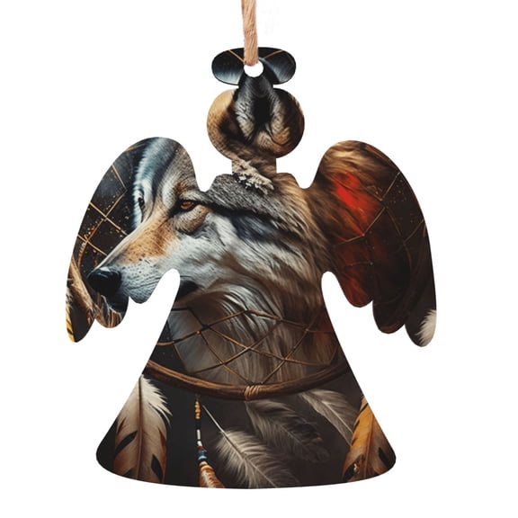 Dream Wolf Feather Art Wooden Christmas Ornament Angel Shape,Xmas Tree Hanging Decoration 6 PCS