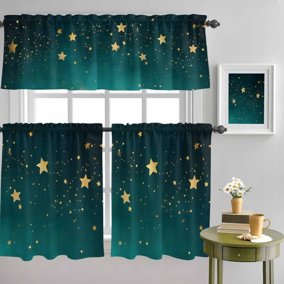Dream Yellow Star on Teal Blue Curtain Tier and Valance Set 3 Piece, Night Starry Sky 3-inch Rod Pocket Window Tier Curtains Valance for Kitchen Living Room