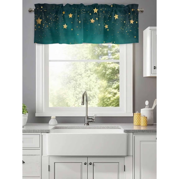 Dream Yellow Star on Teal Blue Valances for Windows,Rod Pocket Valance for Kitchen Bedroom Bathroom Living Room, Night Starry Sky Window Valance Curtain Farmhouse Home Decor Short Curtains 42x12in