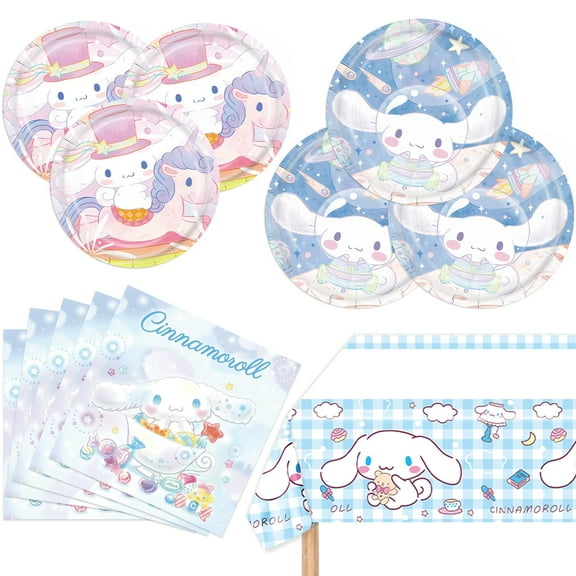 Dream big ear dog Party decoration 41 pieces cartoon theme disposable tableware set includes 20 paper plates in two sizes, 20 paper towels, 1 waterproof cartoon character tablecloth