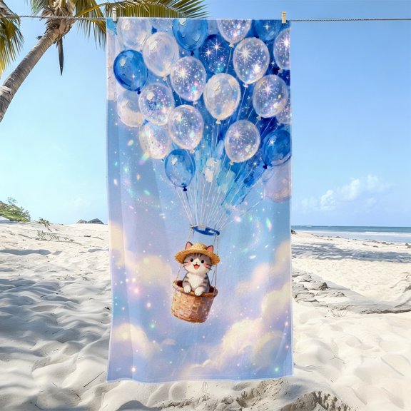 Dream cat balloon style pattern soft beach towel, shining star printing pattern, microfiber bath towel, fast drying, super absorbent, suitable for seaside vacation strolling,