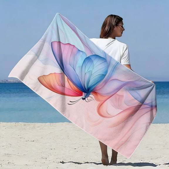 Dream gradual change butterfly pattern soft beach towel, smart color printing, microfiber bath towel, fast drying, super water absorption, suitable for seaside vacation, beach walking,