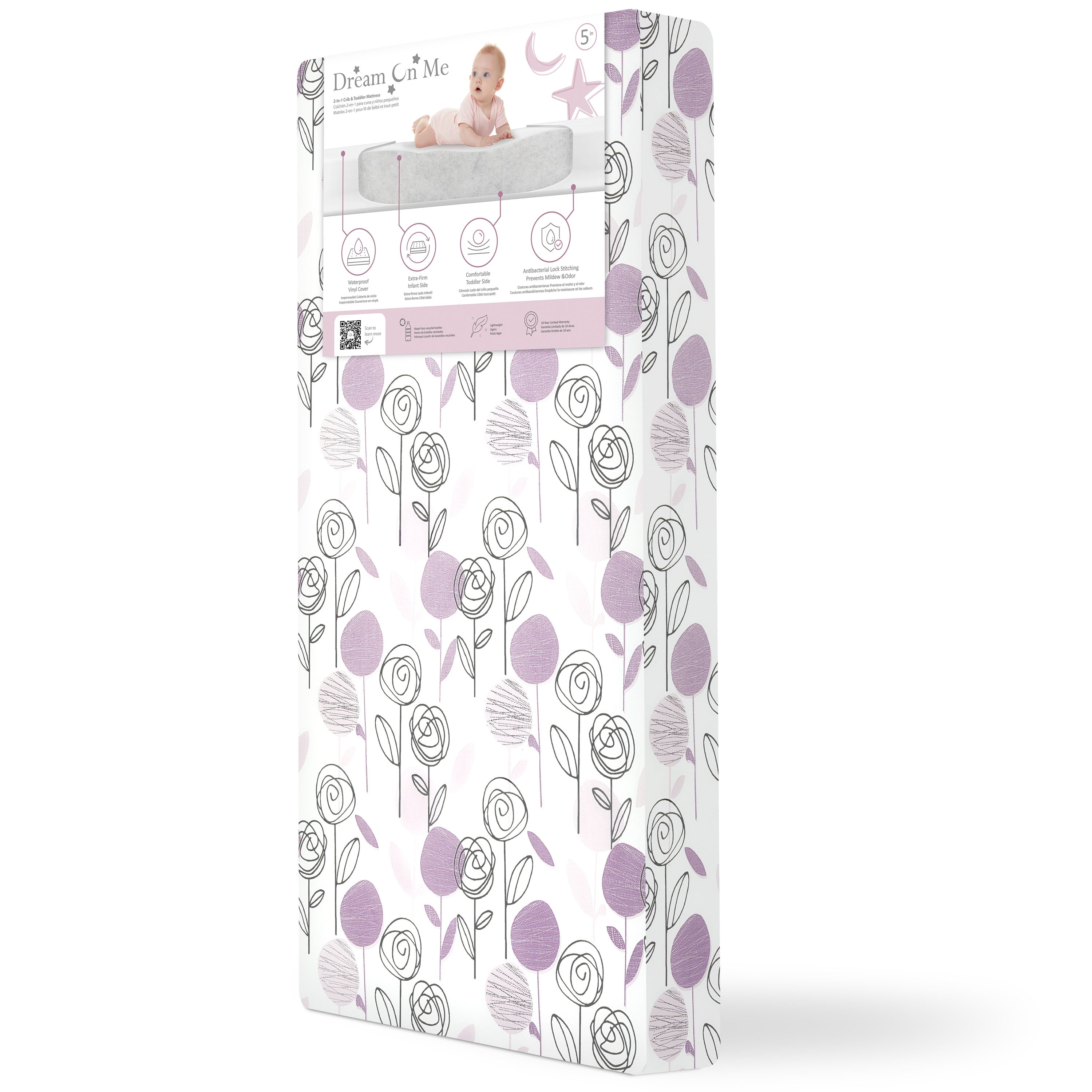 Dream on Me Joyful Blooms Breathable Foam Crib & Toddler Mattress In Rose Pink