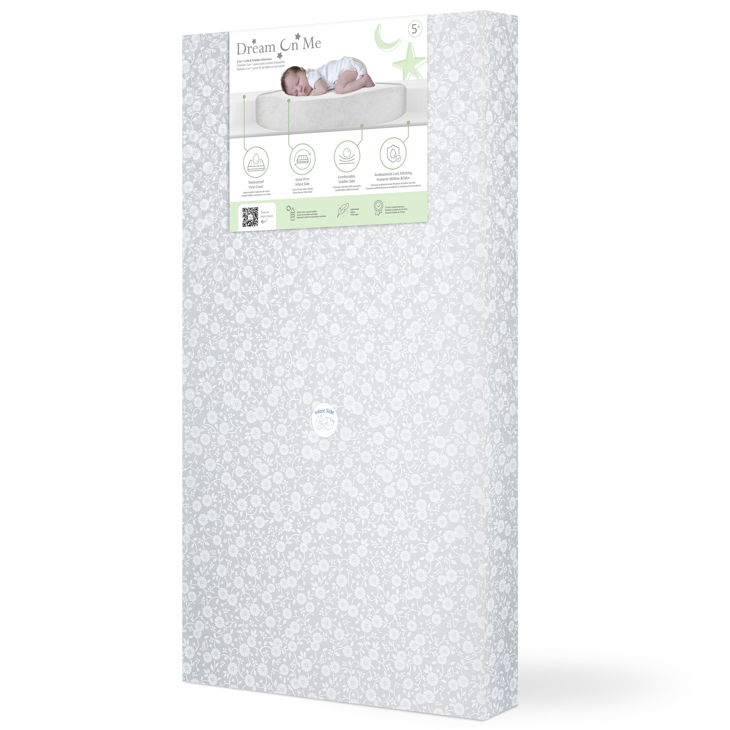 Dream on Me Orthopedic Firm Fiber Dual-Sided Crib & Toddler Mattress, Greenguard Gold Certified, 15 Years Warranty, Grey Embossed