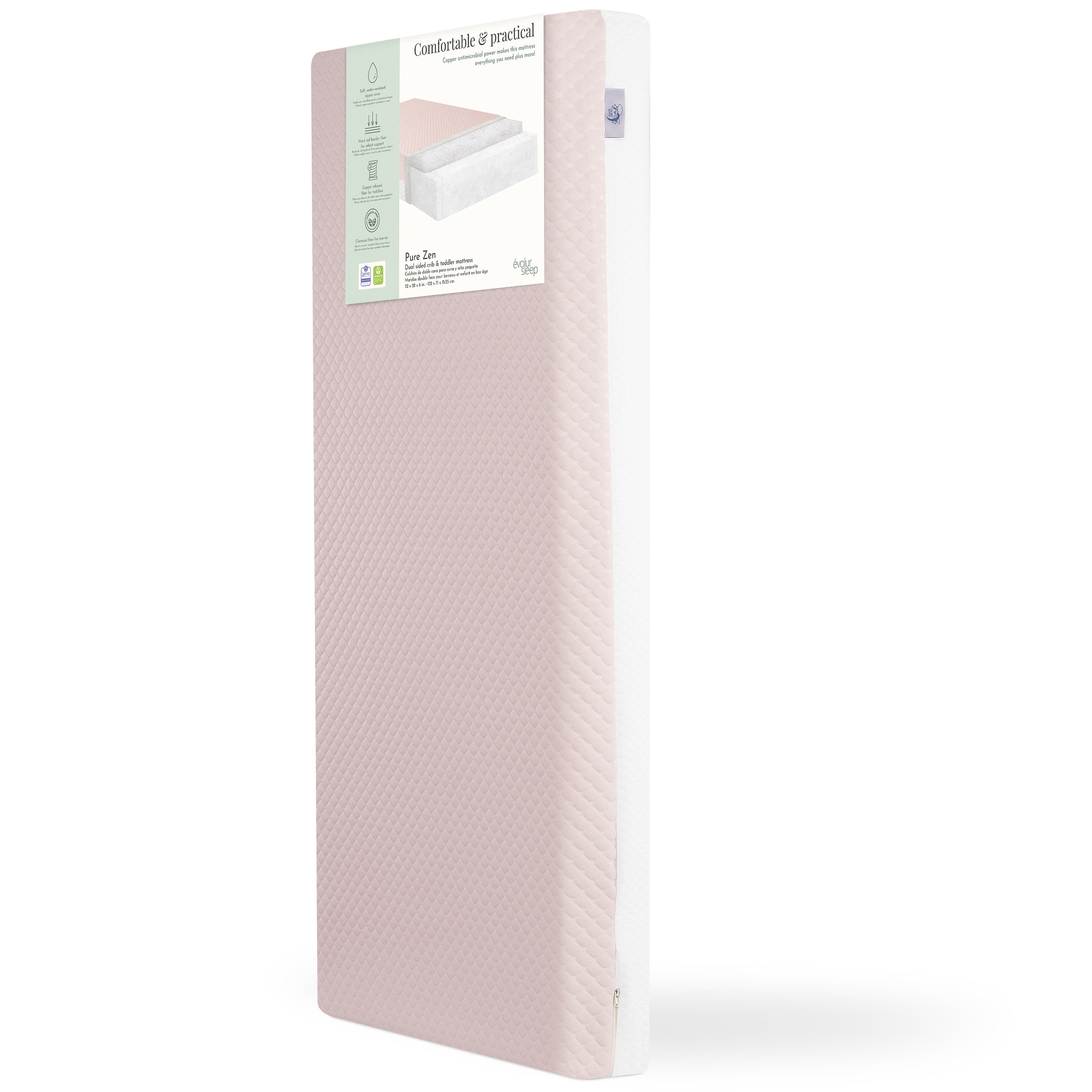 Evolur Pure Zen 2 in 1 Crib & Toddler Mattress, White and Pink, Greenguard Gold Certified