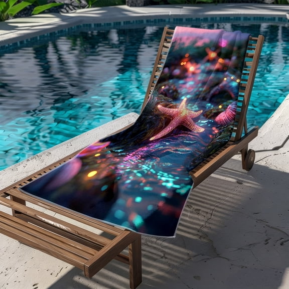 Dream starfish pattern soft beach towel, flashing shimmer printing pattern, microfiber bath towel, fast drying, super absorbent, suitable for seaside vacation sunbathing, beach walking and rest