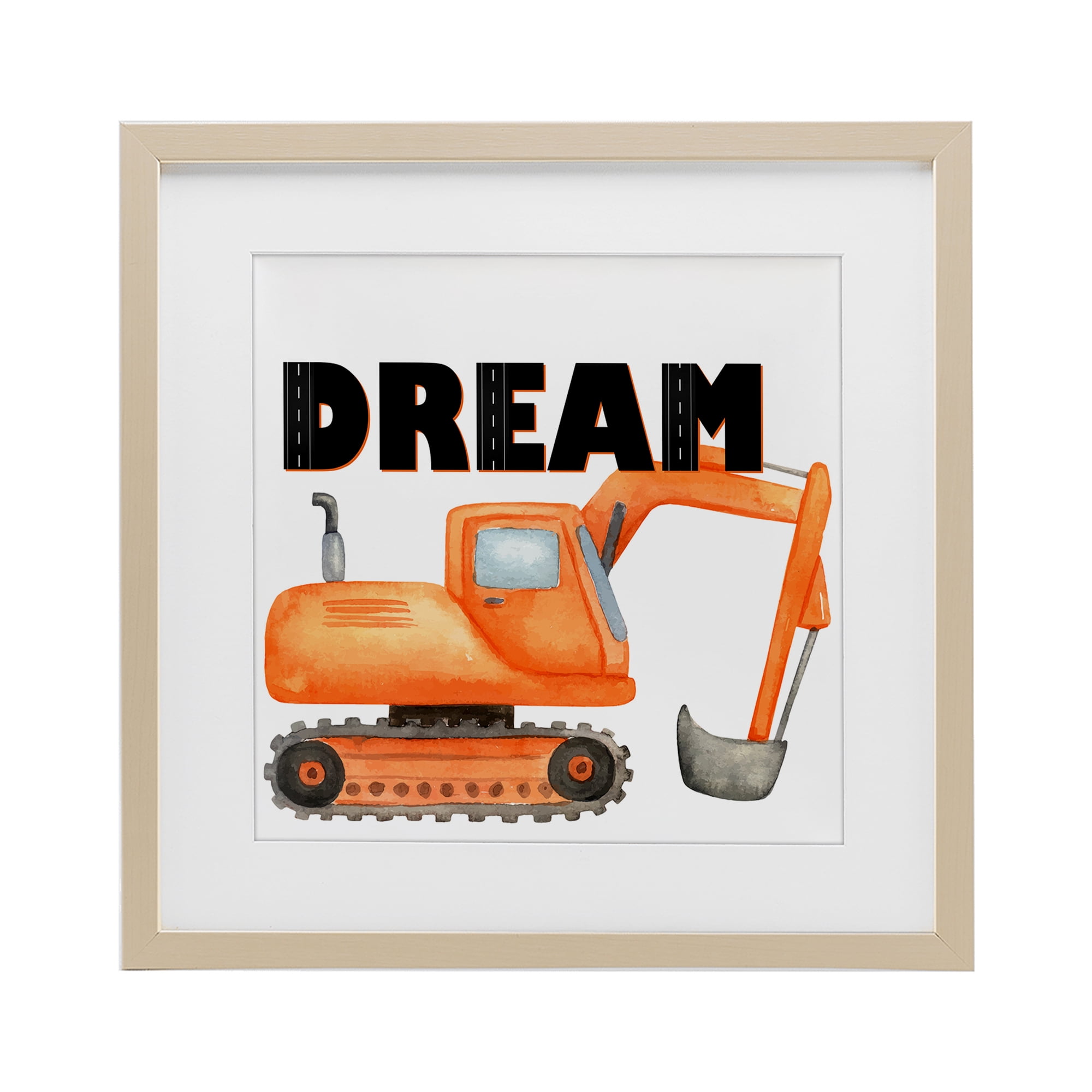 Dream with Orange Excavator Birch Framed Print Under Glass, design by Kim Allen