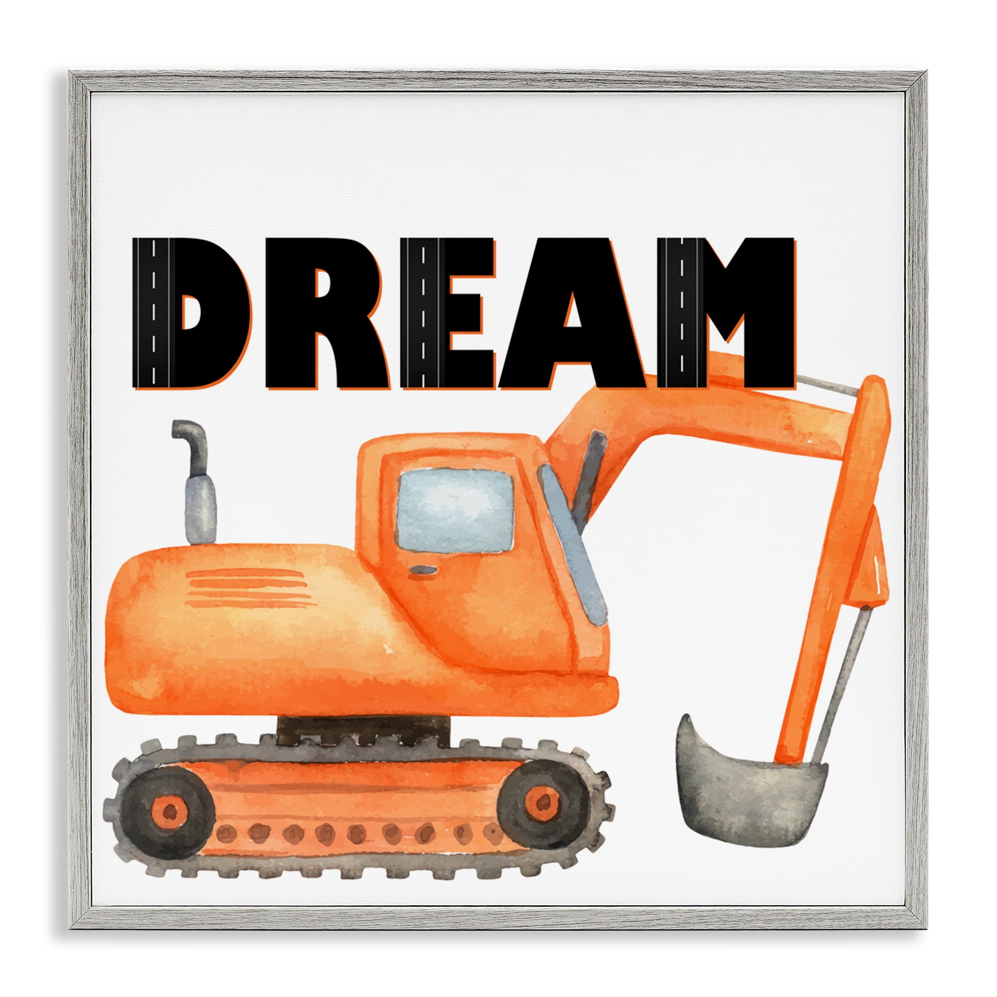 Dream with Orange Excavator Gray Framed Giclee Art, design by Kim Allen