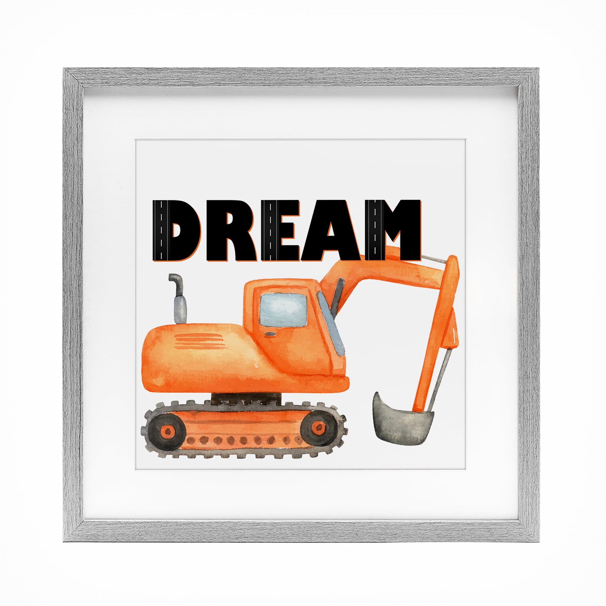 Dream with Orange Excavator Gray Framed Print Under Glass, design by Kim Allen