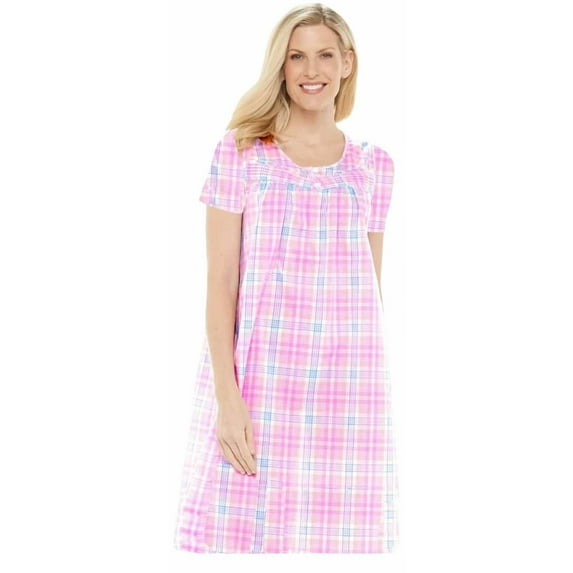 Dream8teen Women's 1/4 Snap Front Closure House Dress Short Sleeve Woven Housecoat Duster Lounger Robe 933 Pink Plaid X-Large