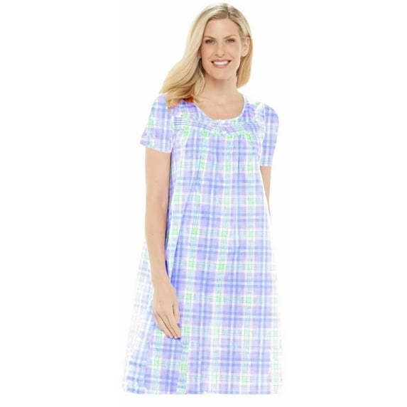 Dream8teen Women's 1/4 Snap Front Closure House Dress Short Sleeve Woven Housecoat Duster Lounger Robe 933 Purple Plaid Large