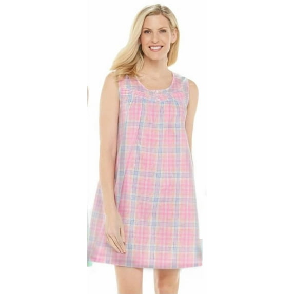 Dream8teen Women's House Dress Sleeveless Woven Housecoat Duster Lounger Robe 932 Pink Plaid X-Large