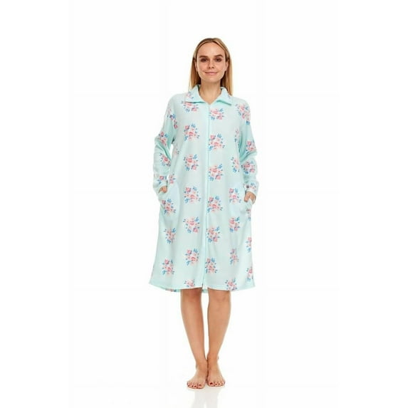 Dream8teen Women's Printed Micro Fleece Zip Up Long Sleeve Sleepwear Duster Robe 4032 Blue Flower 2X-Large
