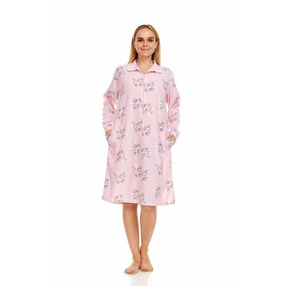 Dream8teen Women's Printed Micro Fleece Zip Up Long Sleeve Sleepwear Duster Robe 4032 Pink Flower X-Large