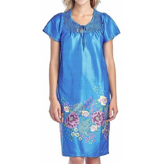 Dream8teen Women's Short Sleeve Muumuu Lounger Smocked Dress 7000 Blue Polka Flower Large