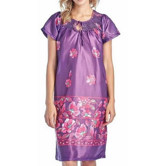 Dream8teen Women's Short Sleeve Muumuu Lounger Smocked Dress 7000 Purple Flower 3X-Large