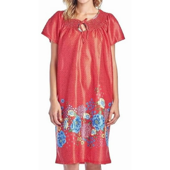 Dream8teen Women's Short Sleeve Muumuu Lounger Smocked Dress 7000 Red Polka Flower 2X-Large