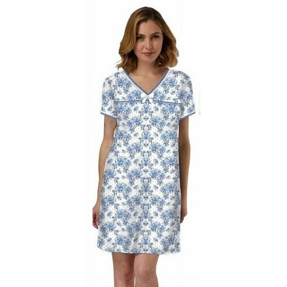 Dream8teen Women's Snap Front Closure House Dress Short Sleeve Woven Housecoat Duster Lounger Robe 916 Blue Floral Medium