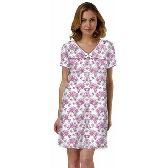 Dream8teen Women's Snap Front Closure House Dress Short Sleeve Woven Housecoat Duster Lounger Robe 916 Pink Floral Medium