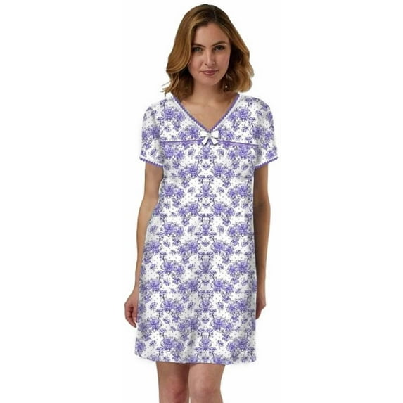 Dream8teen Women's Snap Front Closure House Dress Short Sleeve Woven Housecoat Duster Lounger Robe 916 Purple Floral X-Large