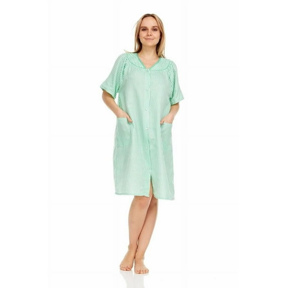 Dream8teen Women's Snaps Front Closure House Dress Short Sleeve Woven Housecoat Duster Lounger Robe 2012 Green Striped Medium