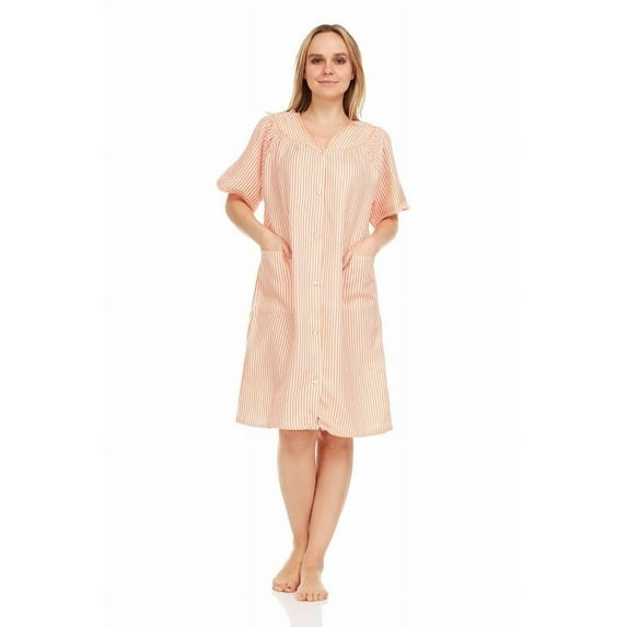 Dream8teen Women's Snaps Front Closure House Dress Short Sleeve Woven Housecoat Duster Lounger Robe 2012 Peach Striped Medium