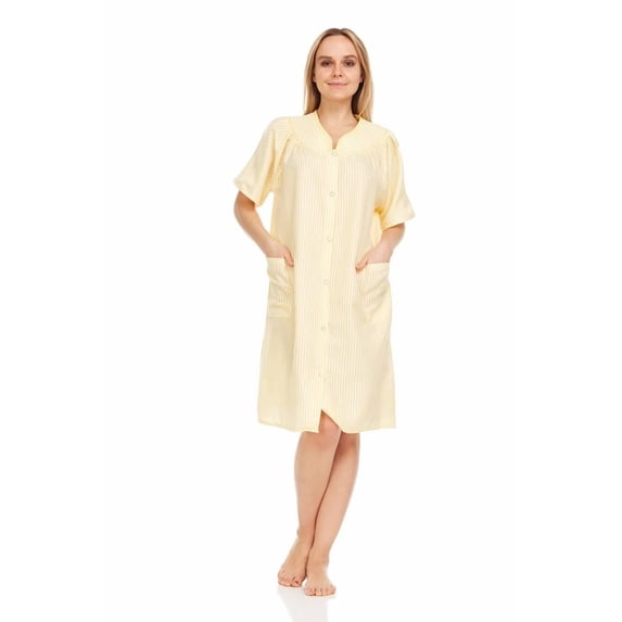 Dream8teen Women's Snaps Front Closure House Dress Short Sleeve Woven Housecoat Duster Lounger Robe 2012 Yellow Striped Large