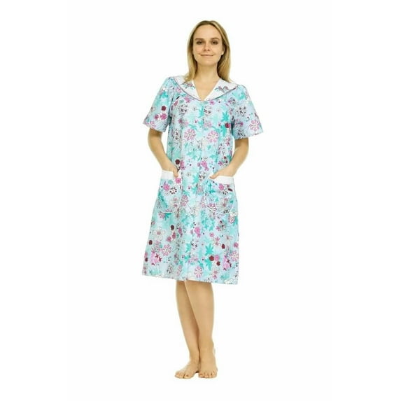 Dream8teen Women's Snaps Front Closure House Dress Short Sleeve Woven Housecoat Duster Lounger Robe 2013 Green Floral 2X-Large