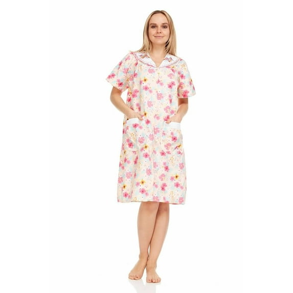 Dream8teen Women's Snaps Front Closure House Dress Short Sleeve Woven Housecoat Duster Lounger Robe 2013 Peach Floral Large
