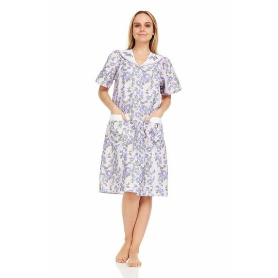 Dream8teen Women's Snaps Front Closure House Dress Short Sleeve Woven Housecoat Duster Lounger Robe 2013 Purple Floral 2X-Large