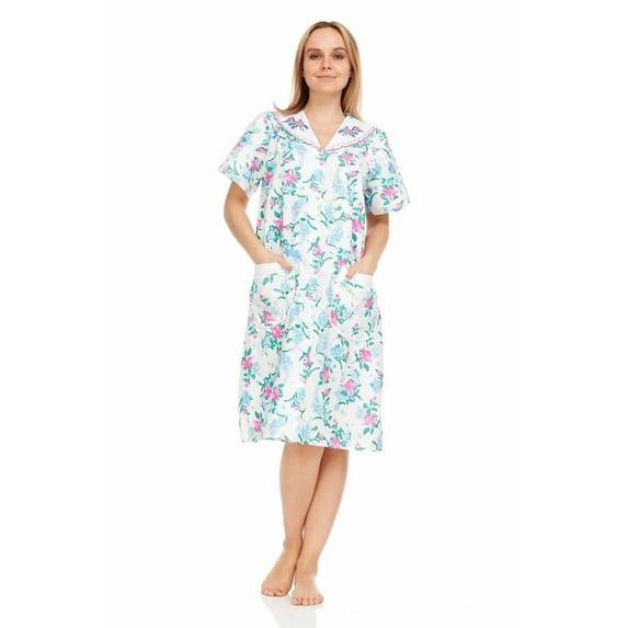 Dream8teen Women's Snaps Front Closure House Dress Short Sleeve Woven Housecoat Duster Lounger Robe 2013 White Floral Medium