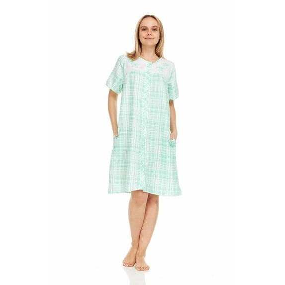 Dream8teen Women's Snaps Front Closure House Dress Short Sleeve Woven Housecoat Duster Lounger Robe 2018 Green Plaid 3X-Large