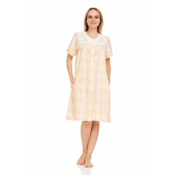 Dream8teen Women's Snaps Front Closure House Dress Short Sleeve Woven Housecoat Duster Lounger Robe 2018 Peach Plaid 5X-Large