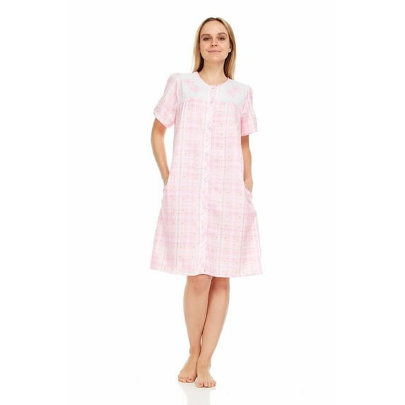 Dream8teen Women's Snaps Front Closure House Dress Short Sleeve Woven Housecoat Duster Lounger Robe 2018 Pink Plaid 5X-Large