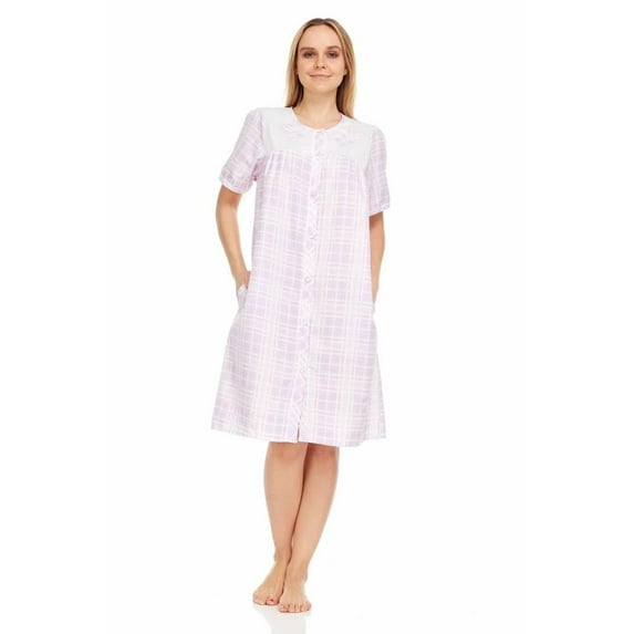 Dream8teen Women's Snaps Front Closure House Dress Short Sleeve Woven Housecoat Duster Lounger Robe 2018 Purple Plaid X-Large