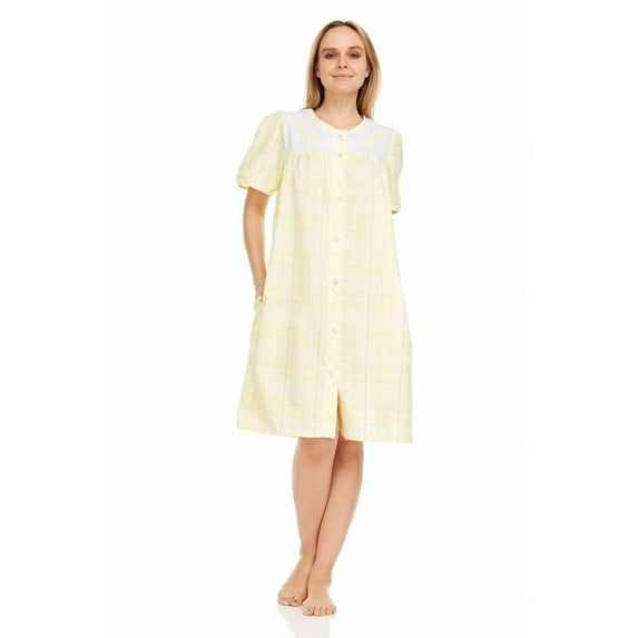 Dream8teen Women's Snaps Front Closure House Dress Short Sleeve Woven Housecoat Duster Lounger Robe 2018 Yellow Plaid 4X-Large
