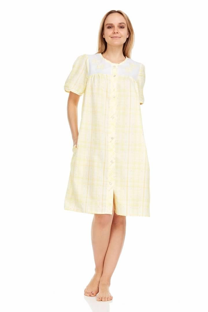Dream8teen Women's Snaps Front Closure House Dress Short Sleeve Woven Housecoat Duster Lounger Robe 2018 Yellow Plaid 5X-Large