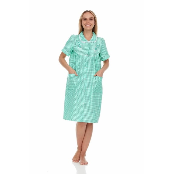 Dream8teen Women's Snaps Front Closure House Dress Sleeveless Woven Housecoat Duster Lounger Robe 2010 Green Lace Trim Medium