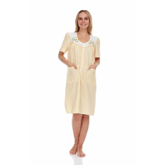 Dream8teen Women's Snaps Front Closure House Dress Sleeveless Woven Housecoat Duster Lounger Robe 2011 Yellow Polka Dots 4X-Large
