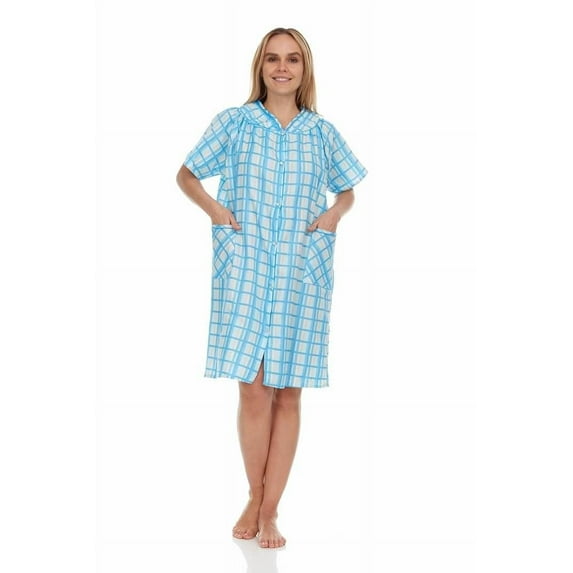 Dream8teen Women's Snaps Front Closure House Dress Sleeveless Woven Housecoat Duster Lounger Robe 2017 Blue Plaid 2X-Large