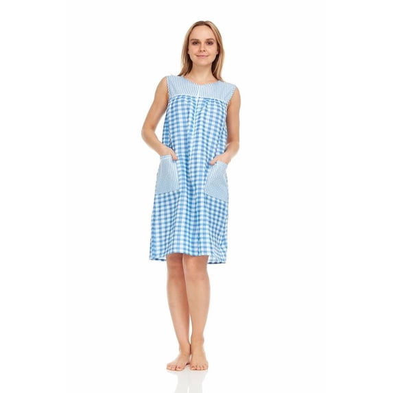 Dream8teen Women's Snaps Front Closure House Dress Sleeveless Woven Housecoat Duster Lounger Robe 509 Blue Gingham Large