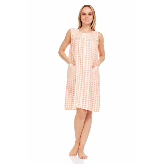Dream8teen Women's Snaps Front Closure House Dress Sleeveless Woven Housecoat Duster Lounger Robe 509 Peach Gingham Large