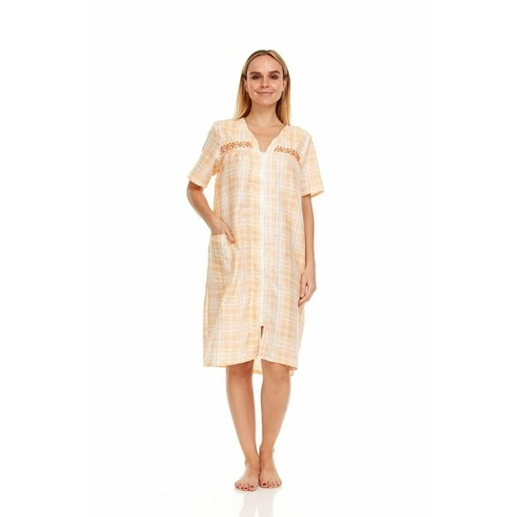 Dream8teen Women's Zipper Front Closure House Dress Short Sleeve Woven Housecoat Duster Lounger Robe 2021 Peach Plaid X-Large