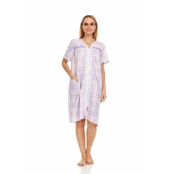 Dream8teen Women's Zipper Front Closure House Dress Short Sleeve Woven Housecoat Duster Lounger Robe 2021 Purple Plaid X-Large