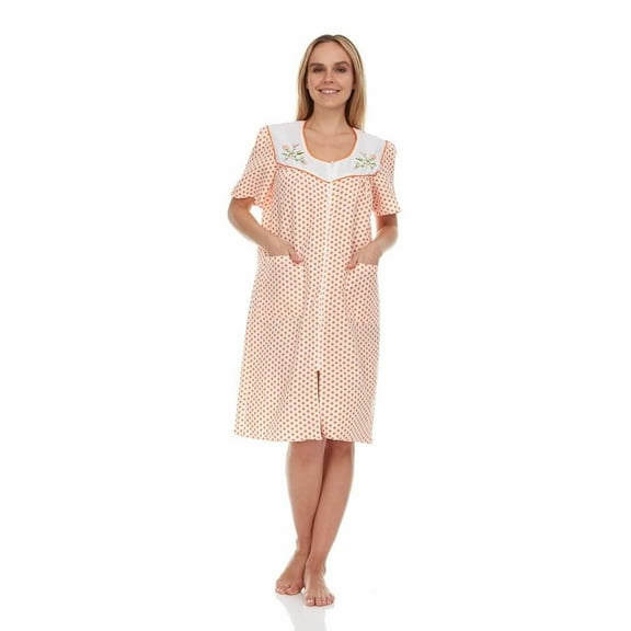 Dream8teen Women's Zipper Front Closure House Dress Sleeveless Woven Housecoat Duster Lounger Robe 2011 Peach Polka Dots 3X-Large